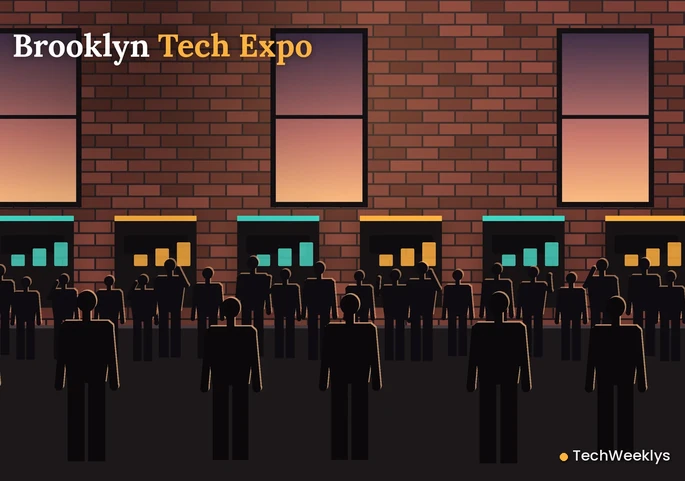 Exhibitor booths and networking crowd at Brooklyn Tech Expo in Dumbo, Brooklyn