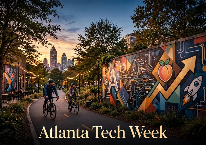 Cyclists on the Atlanta BeltLine with startup murals