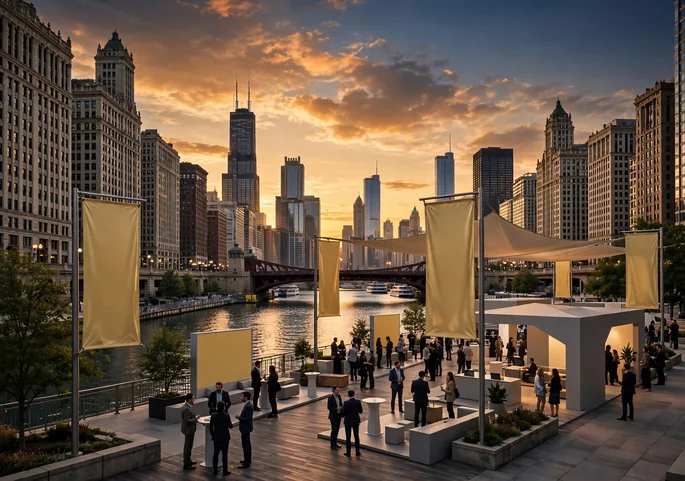 Chicago Tech Week: Complete Guide 1 Chicago riverwalk dressed for a tech summit at sunset