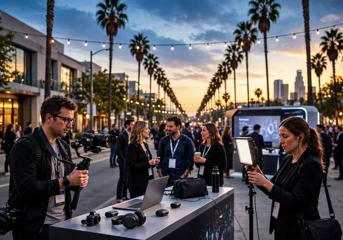 LA Tech Week: Complete Guide 1 Content creators filming a tech event on a palm-lined Los Angeles street