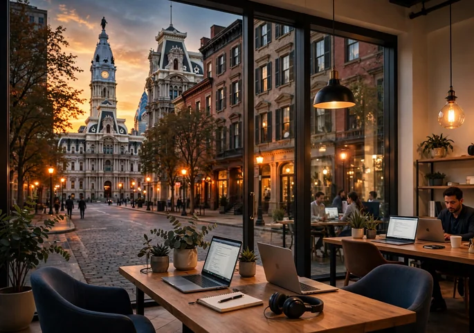 Philly Tech Week: Complete Guide 1 Historic Philadelphia street with a modern coworking interior