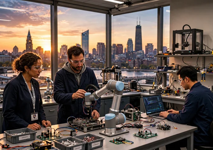 Boston university researchers working with robotics in a lab