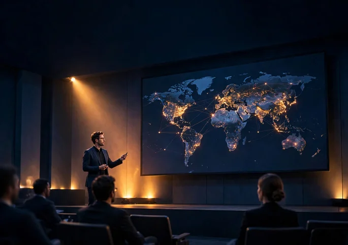 Cybersecurity summit stage with threat intelligence presentation