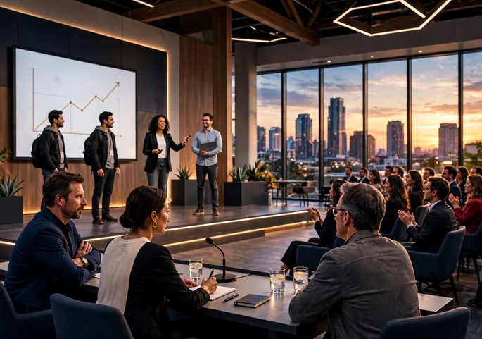 Startup team pitching judges at SXSW Pitch in Austin
