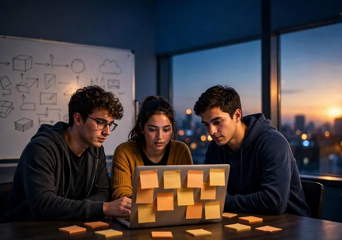 Hackers collaborating on a laptop during a 48 hour tech hackathon