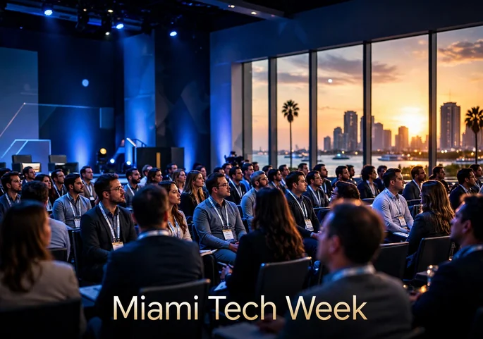 Miami Tech Week: Complete Guide to eMerge Americas and 2027 1 Conference keynote crowd under ocean-blue stage lighting in Miami