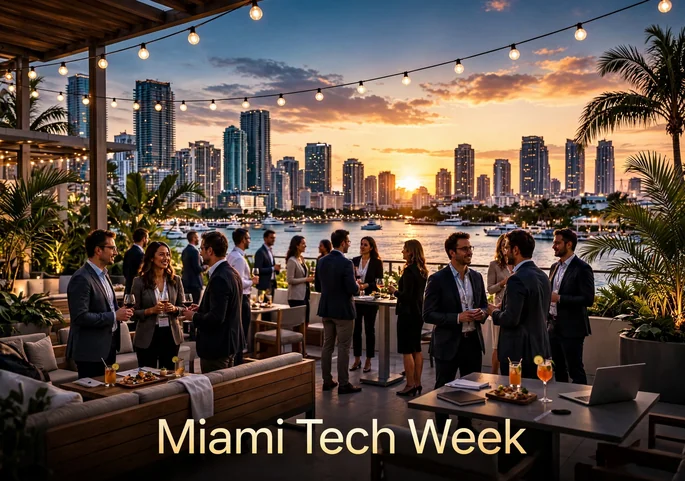 Miami Tech Week: Complete Guide to eMerge Americas and 2027 2 Networking reception on a Miami rooftop terrace at sunset
